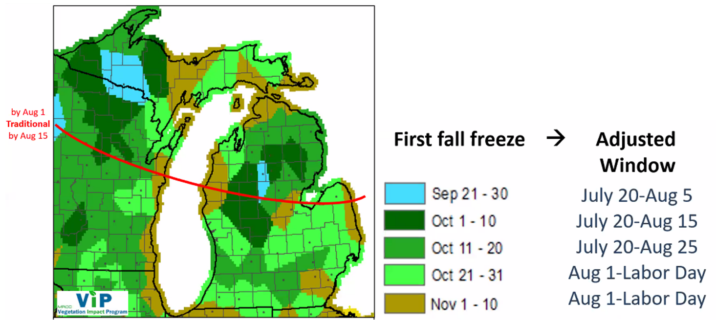 Date of median first 28-degree freeze (30-year average from 1990-2020). Red line indicates traditional “plant by” recommendation for perennial forages. Graphic taken from the Vegetation Impact Program and estimates of adjusted window for fall seeding courtesy of Kim Cassida.